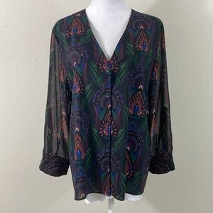 Alice + Olivia button front v neck peacock print long sleeve blouse size medium
